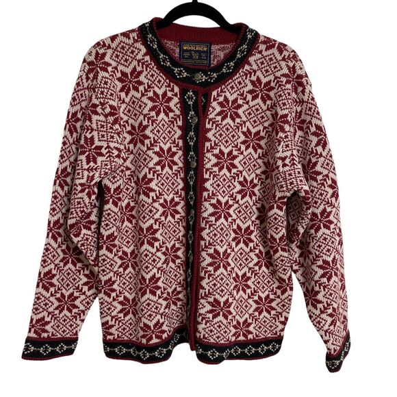 Vintage Woolrich Womens Sz M Wool Blend Cardigan Nordic Snowflake Pewter Buttons - Picture 1 of 9